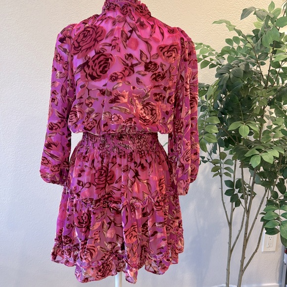 OPT Pink Velvet Floral Mock Neck Long Sleeve Tiered Mini Dress Size Extra Small - Picture 6 of 9